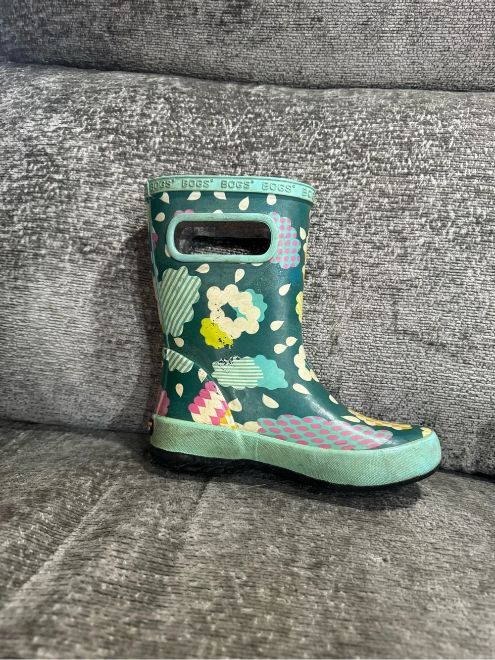 Bogs Kids Teal Abstract Pattern Rain Boots with Mint Trim Size 13
